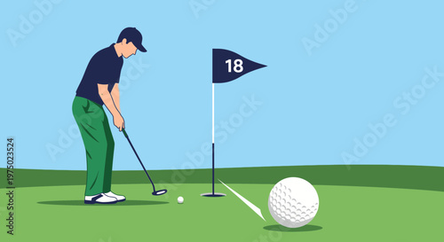 Golfer Making A Crucial Putt On The Green With A Flag Indicating The Eighteenth Hole