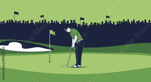 Golfer On Green Focusing On Putt Surrounded By Spectators Crowd Flags