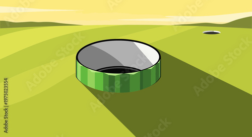 Golf Hole On Grassy Field With Distant Hills And Sunrise Sky