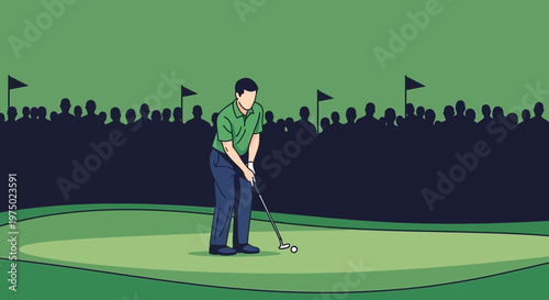 Golfer On The Green Concentrating On Putt With Spectators Watching