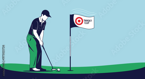 Golfer Aims For The Target Cup With Precision Putt On Green
