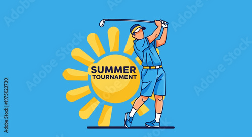 Golfer Swinging Against a Stylized Sunny Backdrop Announcing Summer Tournament