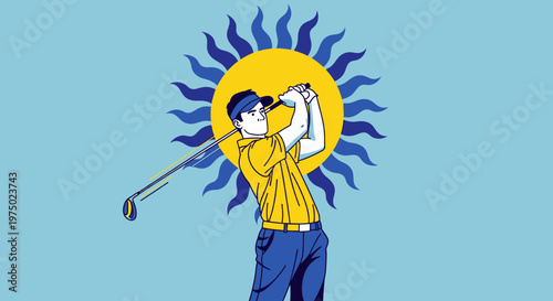 Golfer Swinging Club Against A Stylized Sun Background