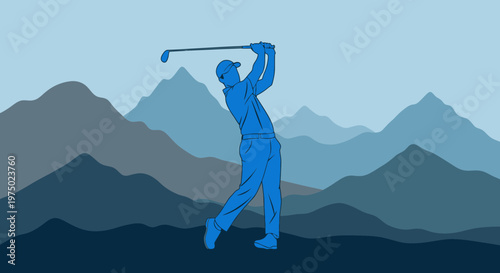 Golfer Swinging Against Majestic Mountain Vista Blue Silhouette