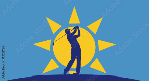 Golfer Swinging Against Vibrant Sunburst Sky Background