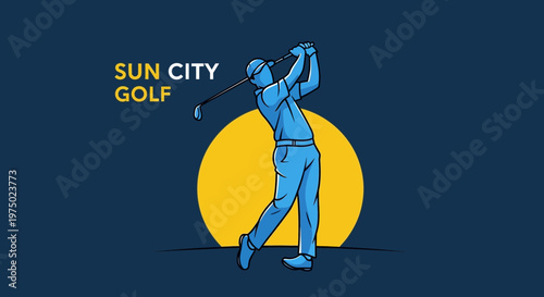 Golfer Swinging Club Against Golden Sunset Vector Art
