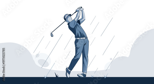 Golfer Swinging Club During Rainy Weather Conditions