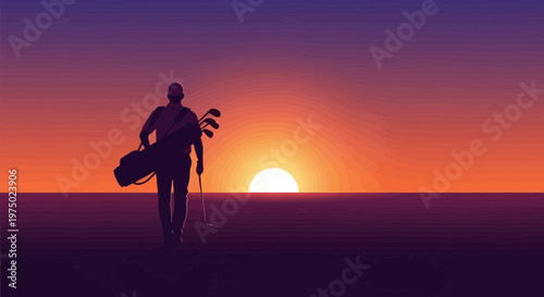 Golfer Walking Into A Vibrant Sunset Silhouette