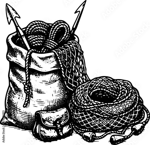 Vintage Fishing Net Bag with Rope and Harpoon Black and White Vector Illustration