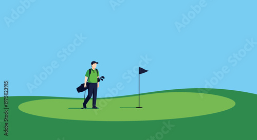 Golfer Walking On Green With Flag And Clubs Minimalist Style