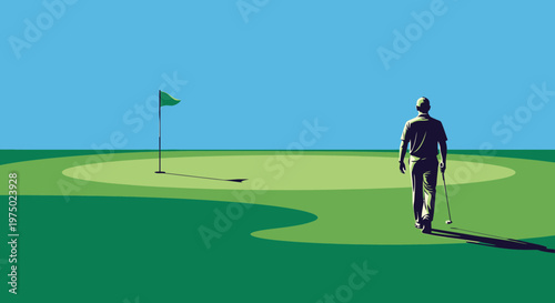 Golfer Walking Towards Flag On Green With Bright Blue Sky