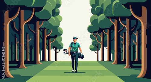 Golfer Walking Through A Serene Forest Path On A Sunny Day Minimalist Style
