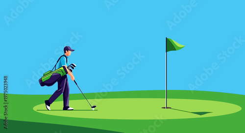 Golfer Walking Towards Green With Flag And Golf Bag Minimalist Style