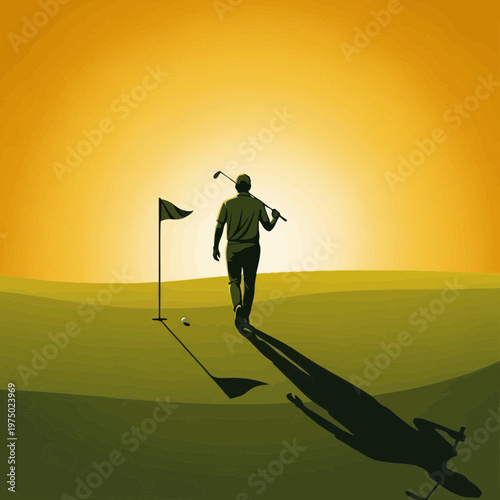 Golfer Walking Towards Sunset On Lush Green Course Majestic Shadow Cast