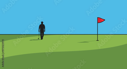 Golfer Walking Towards The Flag On A Bright Sunny Day