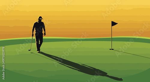 Golfer Walking Towards The Green During A Sunset
