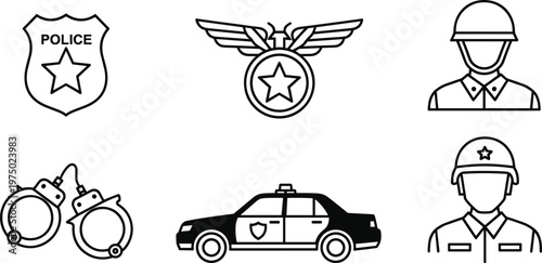 Police Badge, Handcuffs, Officer Helmet, and Patrol Car Icons, Law Enforcement Equipment and Symbols