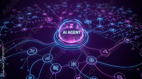 Ai agent futuristic network visualization with centralized intelligence core