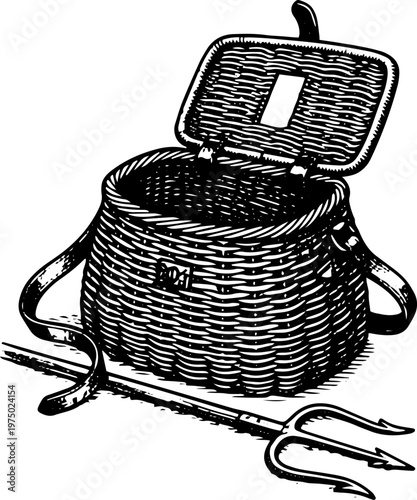 Vintage Wicker Fishing Creel Basket with Fishing Spear and Trident Black and White Vector Illustration