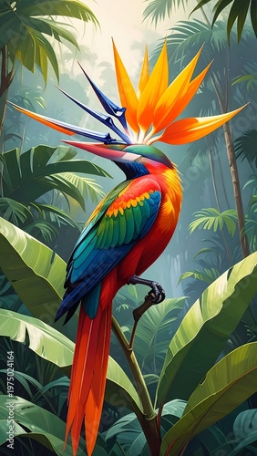 A vibrant, colorful bird perched on a branch, set against a lush green tropical forest background, its plumage is dazzling