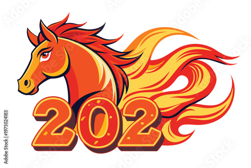 A cartoon horse with a fiery mane and tail and the numbers 202 Vector, illustration