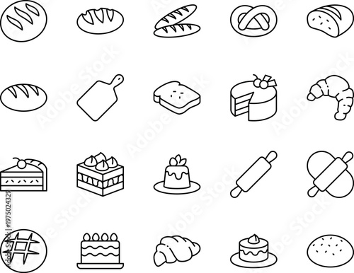 Bakery bread and pastry vector icon set, bread, croissant, cake, pretzel, baguette, rolling pin