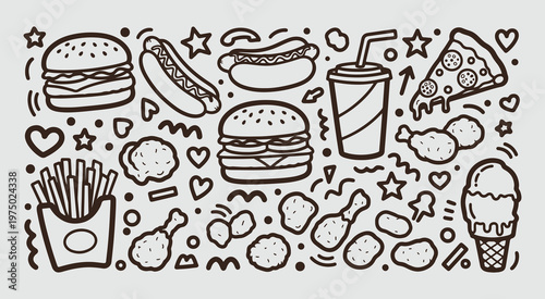 Collection of fast food doodle elements including burger pizza hot dog and fries in hand drawn line art style
