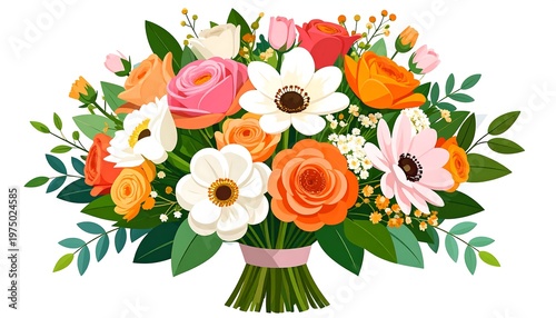 A vibrant, colorful bouquet of various flowers including roses, anemones, and greenery, tied with a pink ribbon against a white background