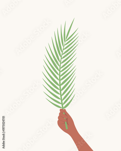 Brown skin tone hand holding up a palm branch, flat vector illustration