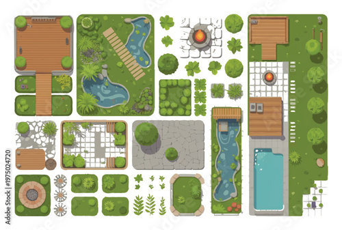 Top view garden landscape design kit with ponds, wooden bridges, swimming pool and stone paths for architectural backyard plan layout.