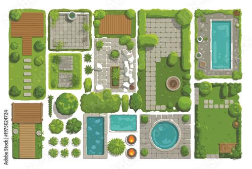 Top view garden landscape elements set with swimming pool, fountain, patio and stone walkways for architectural backyard design plan.