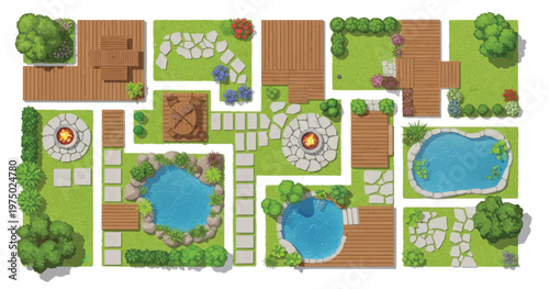 Landscape garden top view layout set with backyard patio designs, swimming pools, ponds, fire pits, and stone pathways for architectural site planning isolated on white background.