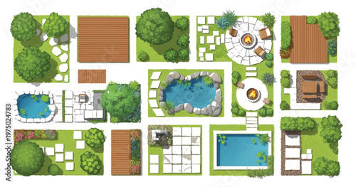 Landscape garden plan layout set with top view garden elements, backyard patio designs, swimming pools, ponds and fire pits isolated on white background.