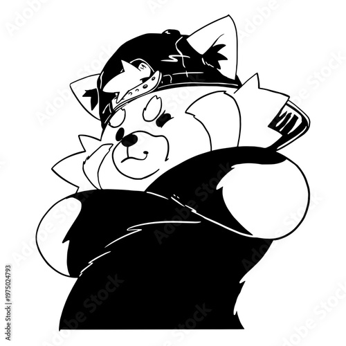 Black and white image of a teddy bear wearing a hat