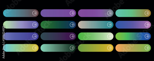 Modern gradient web buttons set, colorful UI navigation bars with arrow icons, 16 vibrant call to action elements for website and app design