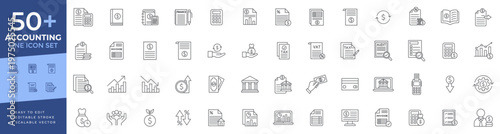 Accounting line icon set featuring finance symbols including tax, invoice, audit, calculator, banking, reports, and data analysis for business, investment, and financial concepts.