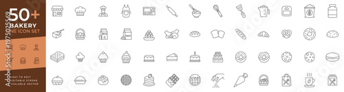 Bakery line icon set featuring bread, pastry, cake, donut, croissant, chef tools, and wheat symbols, suitable for bakery, cooking, and food themed illustration projects.