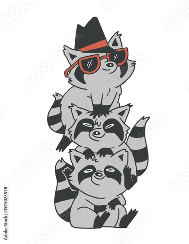 Three raccoons wearing glasses and hats on top of each other