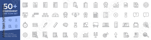 Assessment line icon set including symbols for exams, surveys, quizzes, quality audits, performance reviews, grading, and evaluation suitable for education, school, and business contexts.