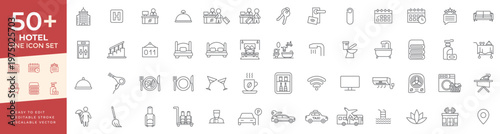 Hotel line icon set featuring accommodation, reception, room amenities, travel, tourism, and hospitality service symbols for booking, lodging, and hospitality themed projects.