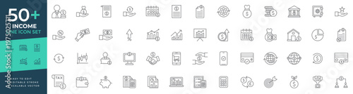 Income line icon set featuring revenue growth, financial profit, salary earnings, investment return, banking savings, and wealth management symbols for finance and business concepts.
