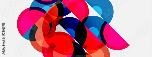 Abstract composition. Overlapping circles, vibrant colors, pinks, blues, reds dominate. Modern design, simple shapes create dynamic visual impact.