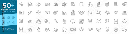Machine learning line icon set featuring artificial intelligence, neural networks, data mining, deep learning, robotic automation, and algorithm symbols for AI concepts.