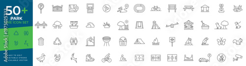 Park line icon set featuring outdoor recreation symbols, nature landscape, playground equipment, garden flowers, public benches, and city park activity icons.