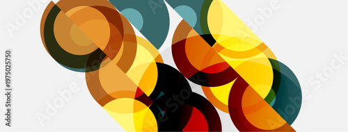 Abstract composition features overlapping circles, warm tones dominate. Yellows, oranges, reds blend with cool grays. Minimalist design, modern aesthetic.