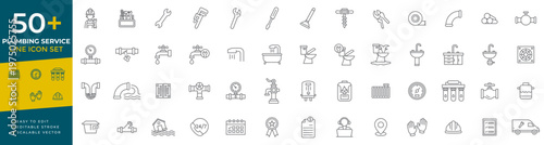 Plumbing service line icon set featuring water pipe repair, bathroom fixtures, faucet leaks, drain cleaning, tool kits, and home maintenance symbols for plumbing and repair concepts.