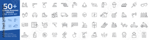 Power washing line icon set featuring pressure washer nozzles, water spray guns, surface cleaning, industrial hoses, and home maintenance symbols for exterior cleaning and maintenance concepts.
