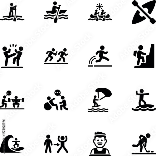 Sports and outdoor activity vector icon set, paddleboarding, rowing, kayaking, running, climbing, surfing, weightlifting, parasailing, martial arts, hockey
