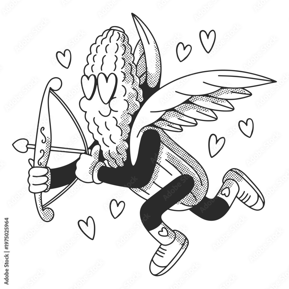 Fototapeta premium Black and white drawing of an angel with a bow and arrow