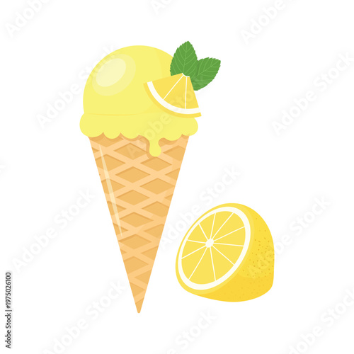 Lemon ice cream cone with citrus slice and mint leaves. Fresh summer dessert vector illustration isolated on white background.